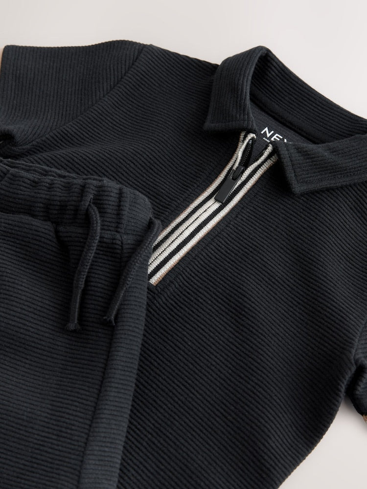 Black Zip Neck Short Sleeve Polo Shirt And Shorts Set (3mths-7yrs)