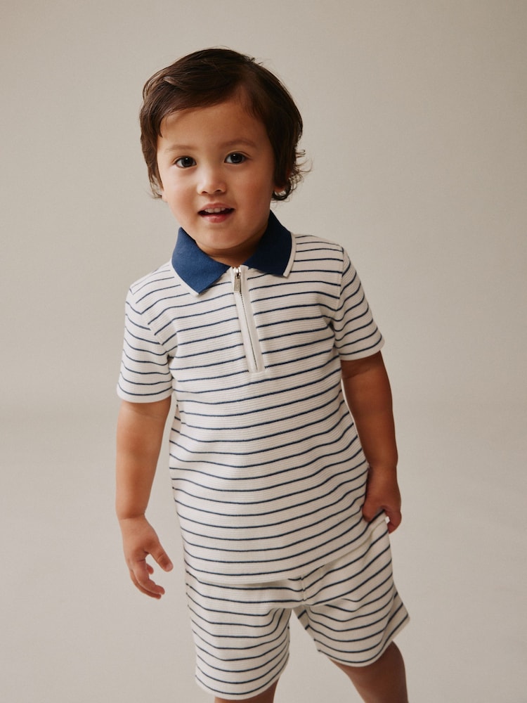 Navy/White Stripe Zip Neck Short Sleeve Polo Shirt And Shorts Set (3mths-7yrs) - Navy/White Stripe Zip Neck / 12-18 Months (80-86cm)