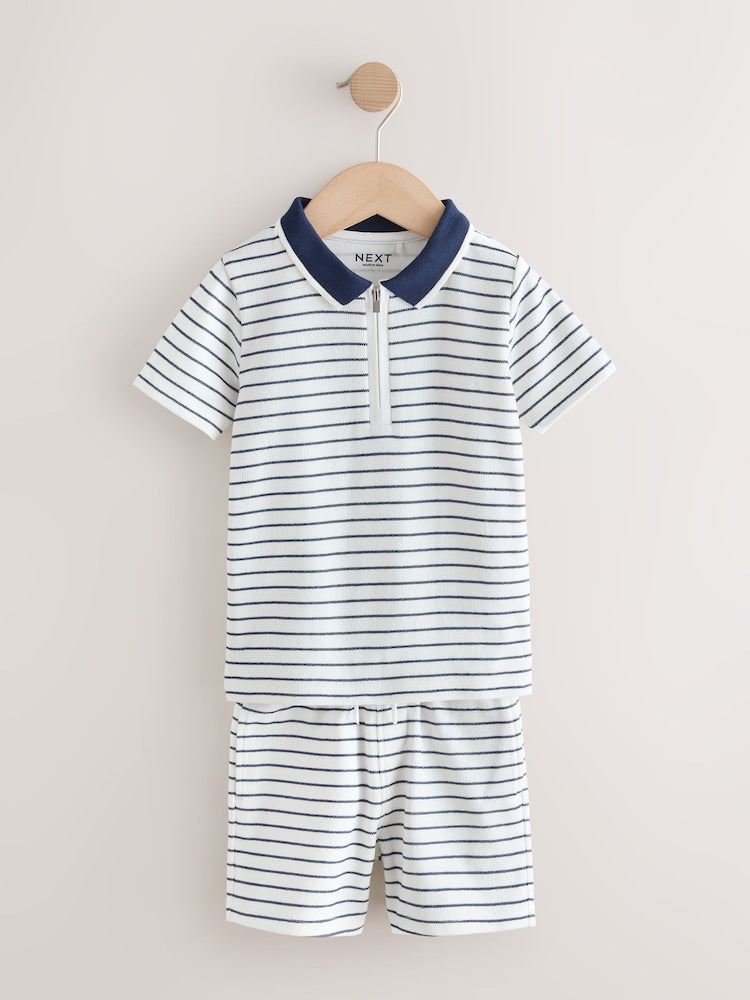 Navy/White Stripe Zip Neck Short Sleeve Polo Shirt And Shorts Set (3mths-7yrs)