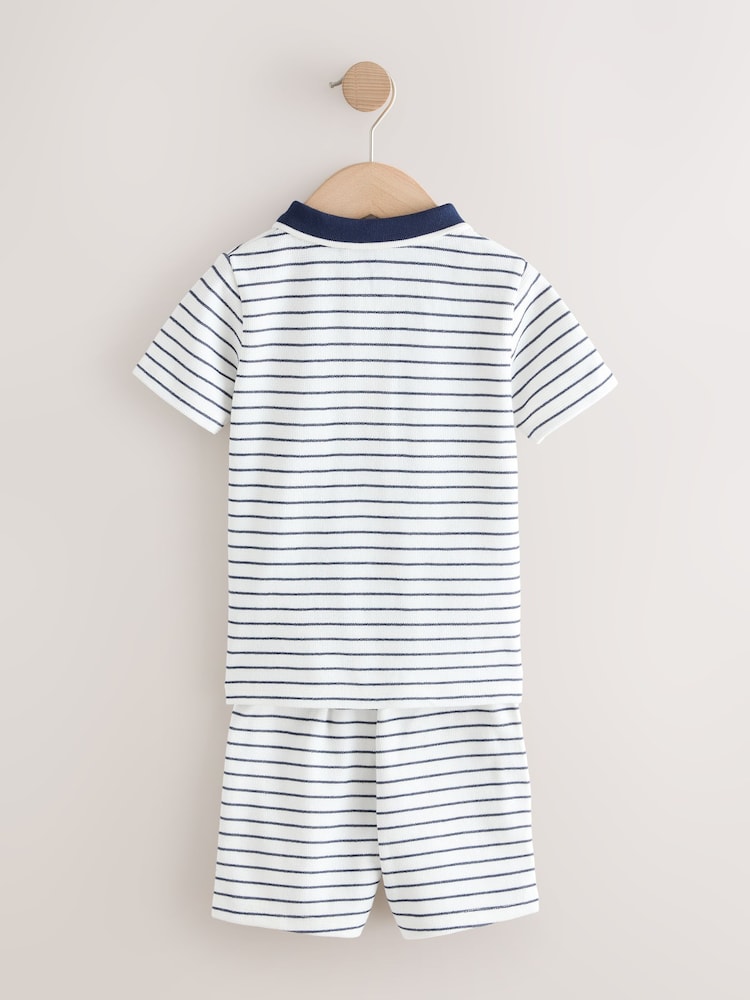 Navy/White Stripe Zip Neck Short Sleeve Polo Shirt And Shorts Set (3mths-7yrs)