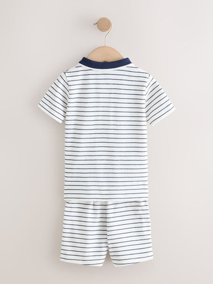 Navy/White Stripe Zip Neck Short Sleeve Polo Shirt And Shorts Set (3mths-7yrs)