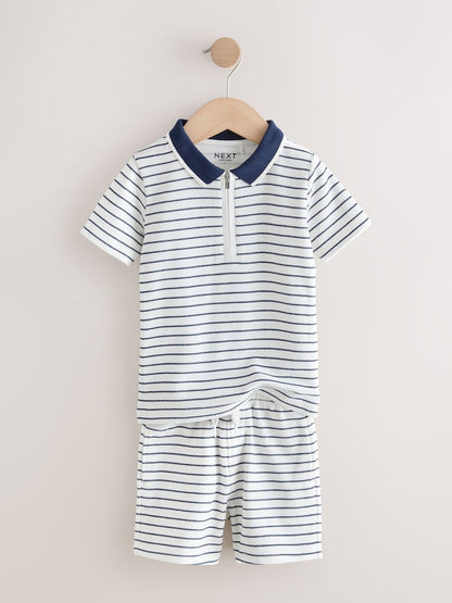 Navy/White Stripe Zip Neck Short Sleeve Polo Shirt And Shorts Set (3mths-7yrs)