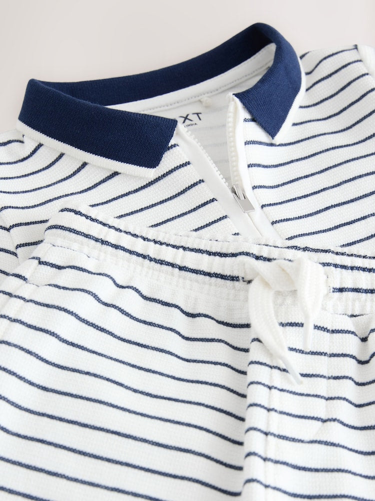 Navy/White Stripe Zip Neck Short Sleeve Polo Shirt And Shorts Set (3mths-7yrs)
