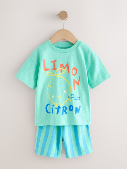 Green/White Food Backprint Short Sleeve T-Shirt and Shorts Set 2 Pack (3mths-7yrs) - Size 3-6 Months (62-68cm)
