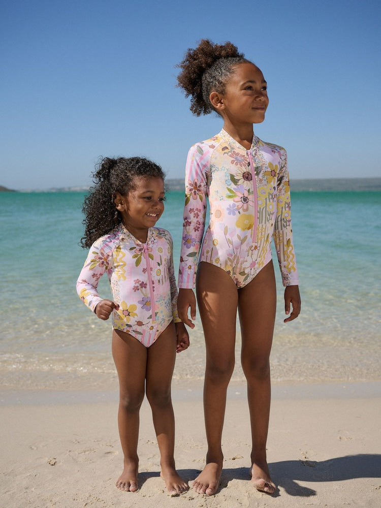 Pink Patchwork Floral Long Sleeve Sunsafe Swimsuit (3mths-16yrs) - Size 3-6 Months (62-68cm)
