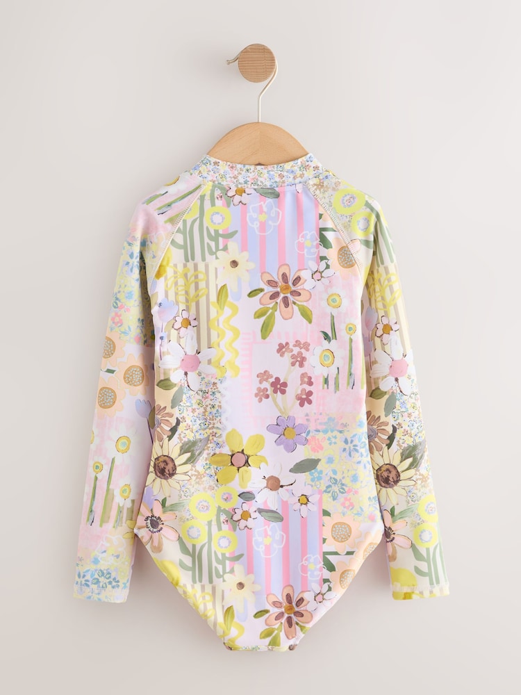 Pink Patchwork Floral Long Sleeve Sunsafe Swimsuit (3mths-16yrs) - Size 3-6 Months (62-68cm)