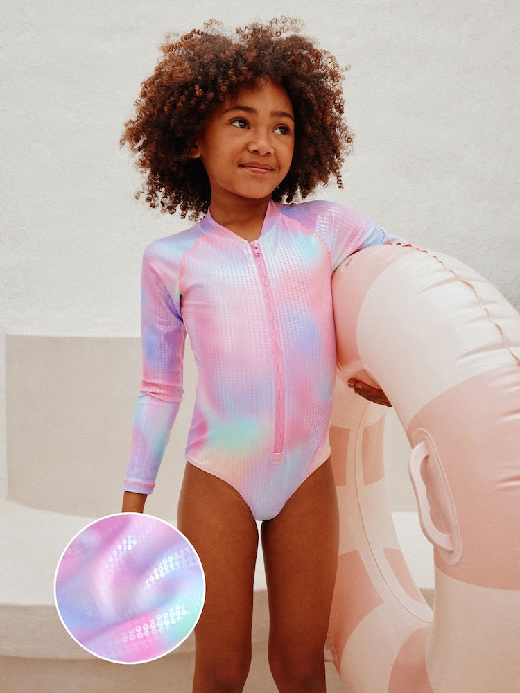 Pink Rainbow Foil Sequin Long Sleeve Sunsafe Swimsuit (3mths-16yrs) - Size 3-6 Months (62-68cm) - Pink Rainbow Foil Sequin Long Sleeve Sunsafe