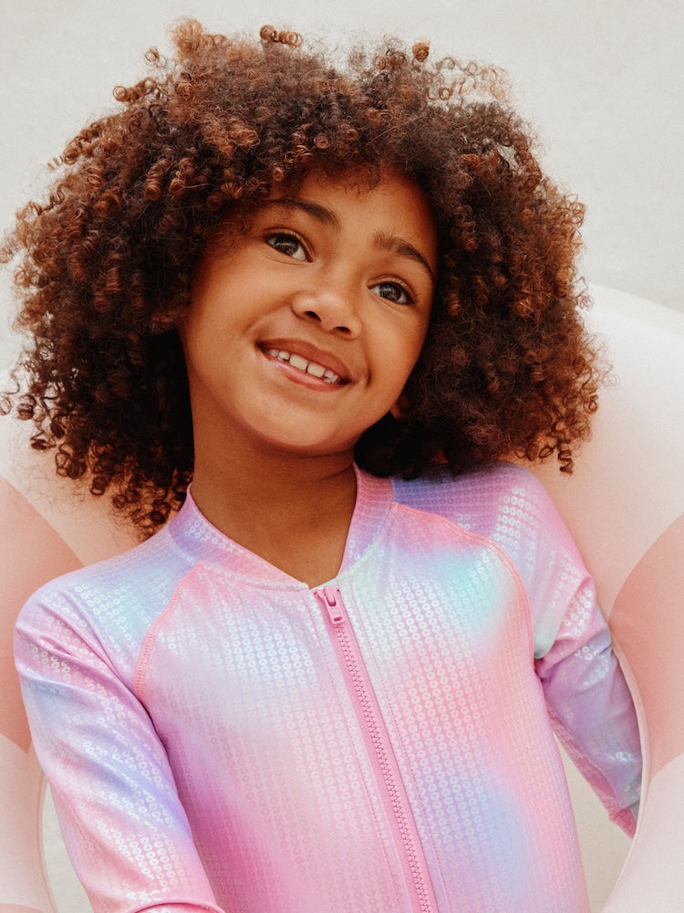 Pink Rainbow Foil Sequin Long Sleeve Sunsafe Swimsuit (3mths-16yrs) - Size 3-6 Months (62-68cm)