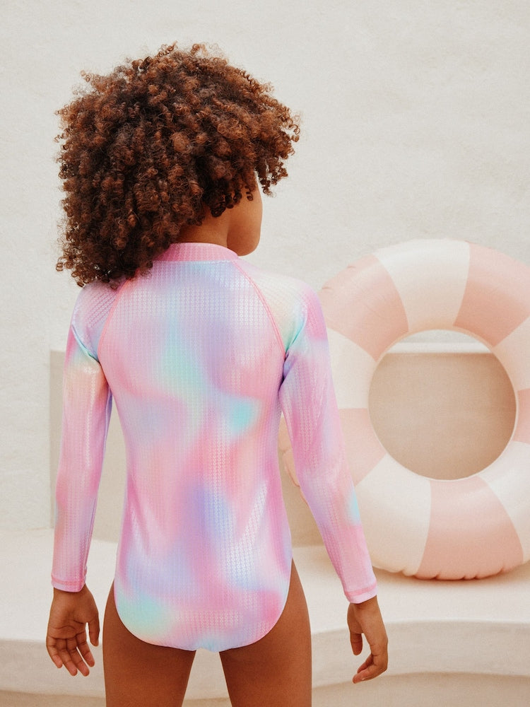 Pink Rainbow Foil Sequin Long Sleeve Sunsafe Swimsuit (3mths-16yrs) - Size 3-6 Months (62-68cm)