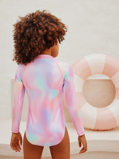 Pink Rainbow Foil Sequin Long Sleeve Sunsafe Swimsuit (3mths-16yrs) - Size 3-6 Months (62-68cm)