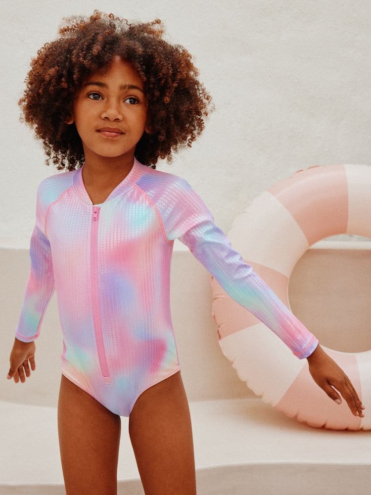 Pink Rainbow Foil Sequin Long Sleeve Sunsafe Swimsuit (3mths-16yrs) - Size 3-6 Months (62-68cm)