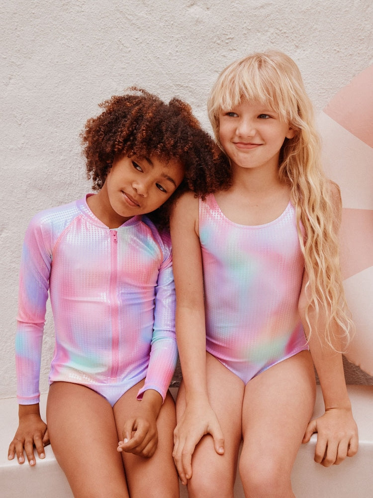 Pink Rainbow Foil Sequin Long Sleeve Sunsafe Swimsuit (3mths-16yrs) - Size 3-6 Months (62-68cm)