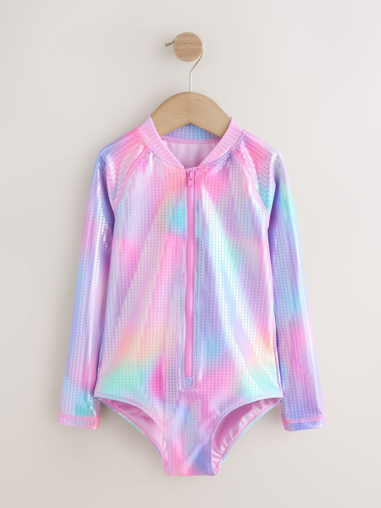 Pink Rainbow Foil Sequin Long Sleeve Sunsafe Swimsuit (3mths-16yrs) - Size 3-6 Months (62-68cm)