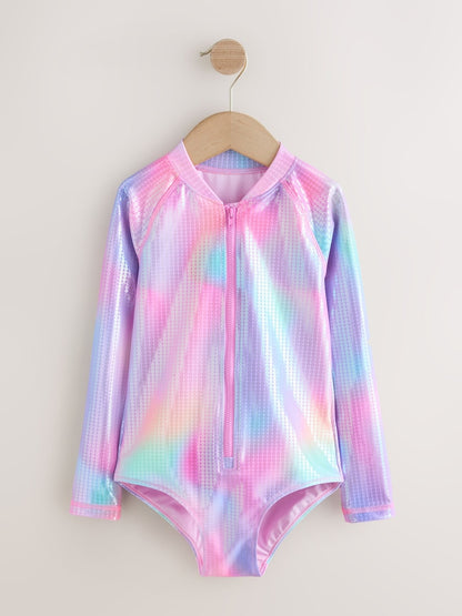 Pink Rainbow Foil Sequin Long Sleeve Sunsafe Swimsuit (3mths-16yrs) - Size 3-6 Months (62-68cm)