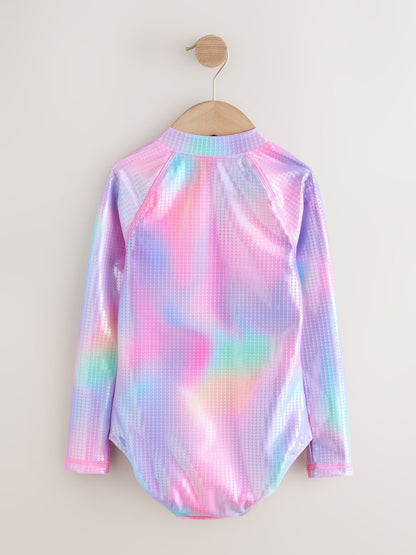Pink Rainbow Foil Sequin Long Sleeve Sunsafe Swimsuit (3mths-16yrs) - Size 3-6 Months (62-68cm)