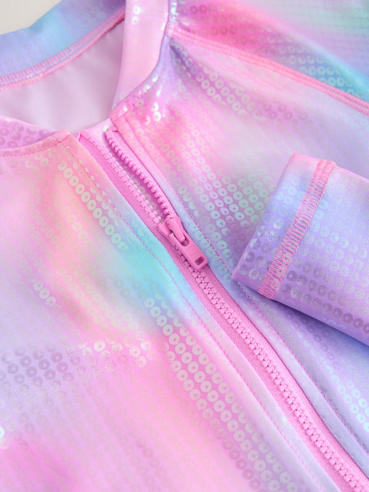 Pink Rainbow Foil Sequin Long Sleeve Sunsafe Swimsuit (3mths-16yrs) - Size 3-6 Months (62-68cm)