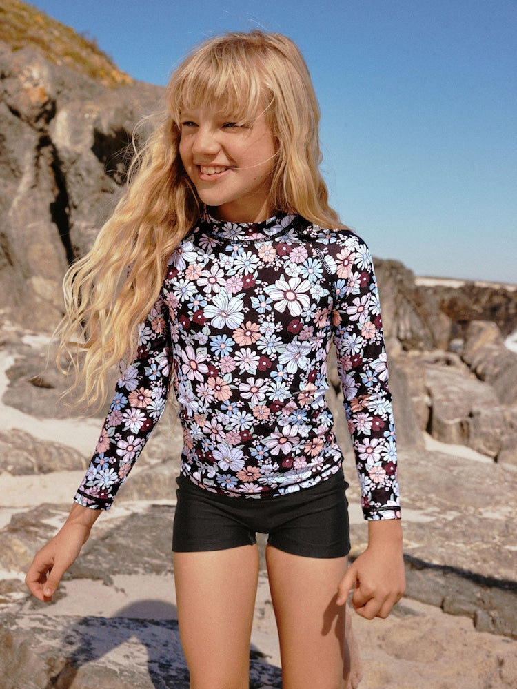 Black Floral Long Sleeve Sunsafe Rash Vest And Shorts Set (3-16yrs) - Size 3 Years (98cm) - Black Floral