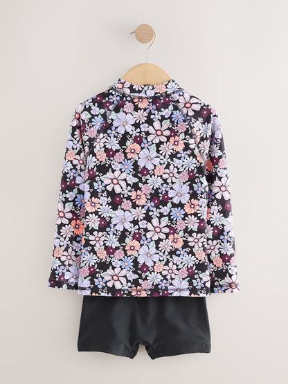 Black Floral Long Sleeve Sunsafe Rash Vest And Shorts Set (3-16yrs) - Size 3 Years (98cm)