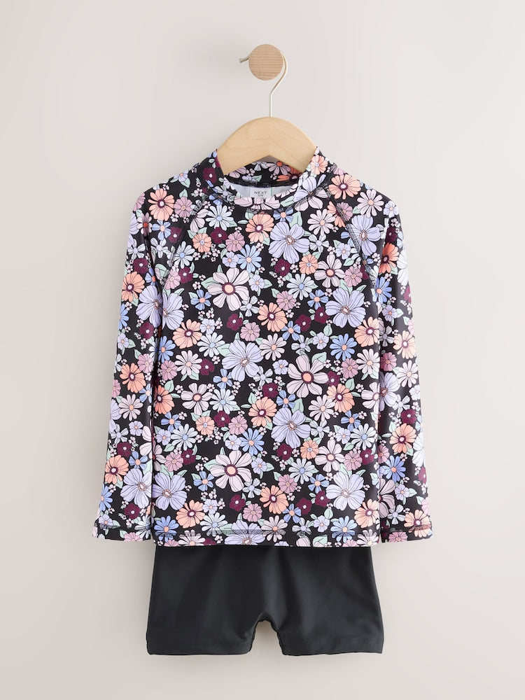 Black Floral Long Sleeve Sunsafe Rash Vest And Shorts Set (3-16yrs) - Size 3 Years (98cm)