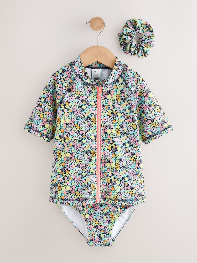 Black Ditsy Floral Sunsafe Rash Vest Bikini And Scrunchie Swim Set (3-16yrs) - Size 3 Years (98cm)