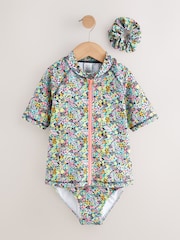 Black Ditsy Floral Sunsafe Rash Vest Bikini And Scrunchie Swim Set (3-16yrs) - Size 3 Years (98cm)