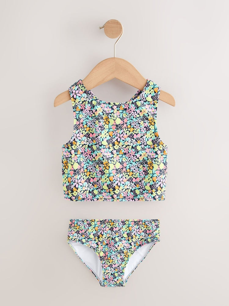 Black Ditsy Floral Sunsafe Rash Vest Bikini And Scrunchie Swim Set (3-16yrs) - Size 3 Years (98cm)