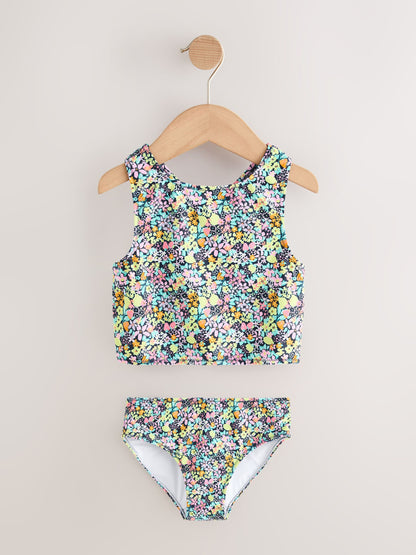 Black Ditsy Floral Sunsafe Rash Vest Bikini And Scrunchie Swim Set (3-16yrs) - Size 3 Years (98cm)