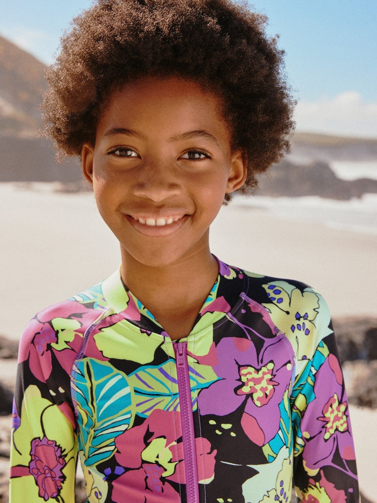 Black Tropical One Piece Short Swimsuit (3-16yrs)