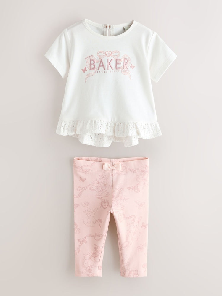 Baker by Ted Baker 2 Piece Broderie Back Peplum Pink T-Shirt &amp; Leggings Set - Up To 3 Months (50 - 62cm)