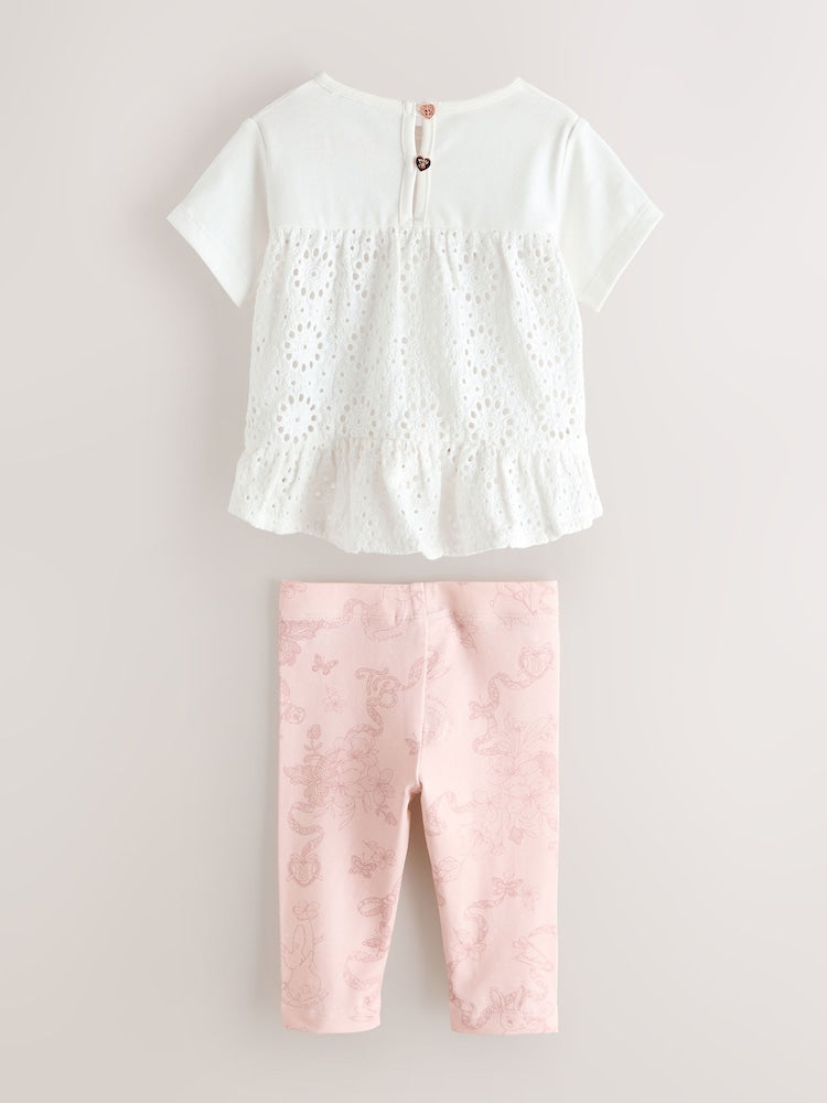 Baker by Ted Baker 2 Piece Broderie Back Peplum Pink T-Shirt &amp; Leggings Set