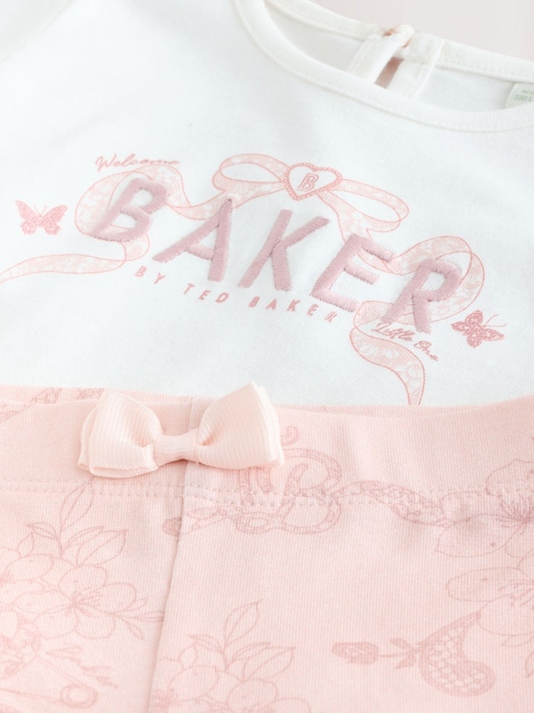 Baker by Ted Baker 2 Piece Broderie Back Peplum Pink T-Shirt &amp; Leggings Set