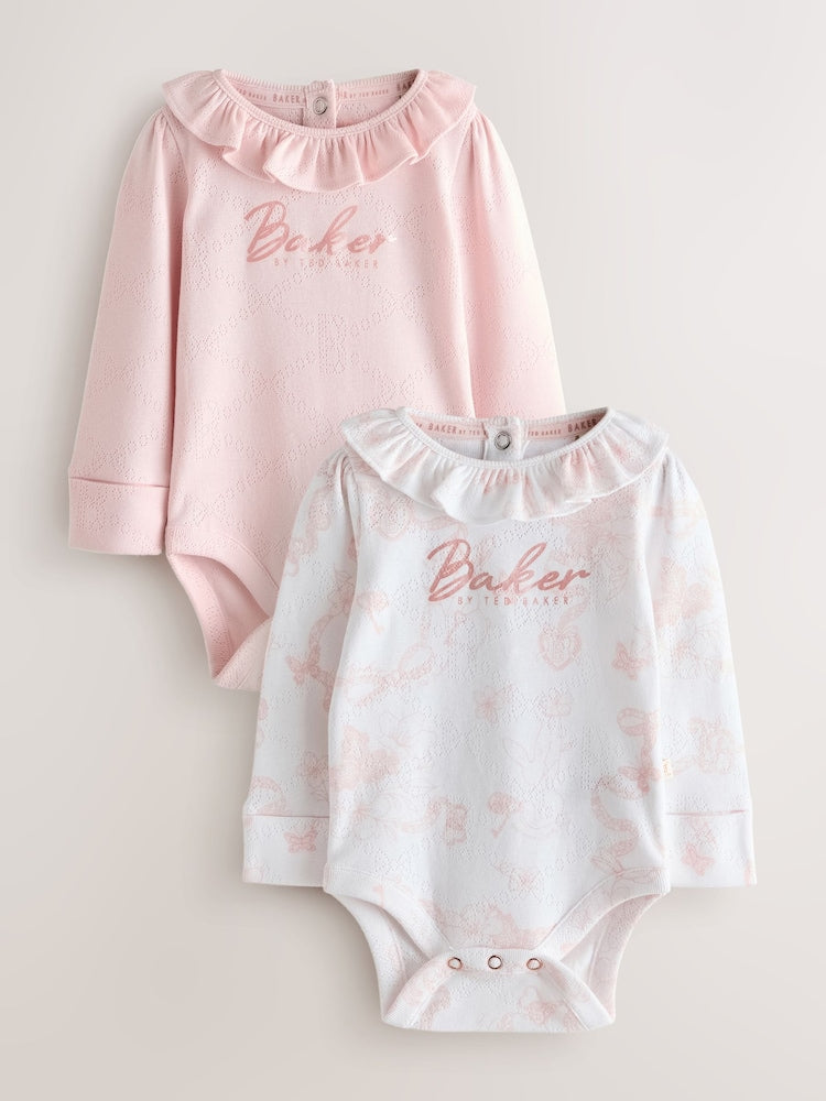 Baker by Ted Baker 2 Pack Pointelle Layette White/Pink Bodysuits