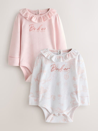 Baker by Ted Baker 2 Pack Pointelle Layette White/Pink Bodysuits