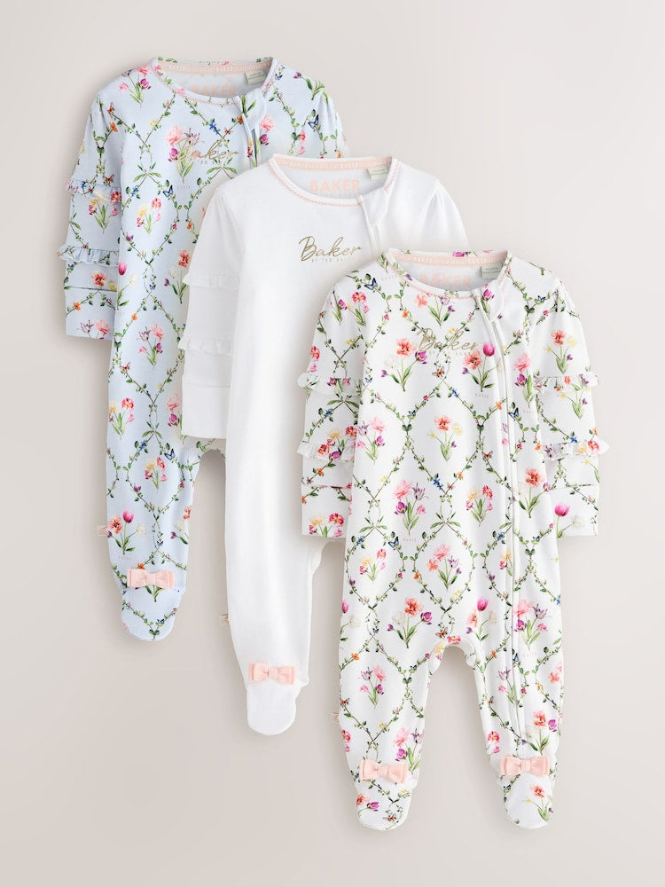 Baker by Ted Baker White/Blue Cotton Printed Sleepsuits 3 Pack