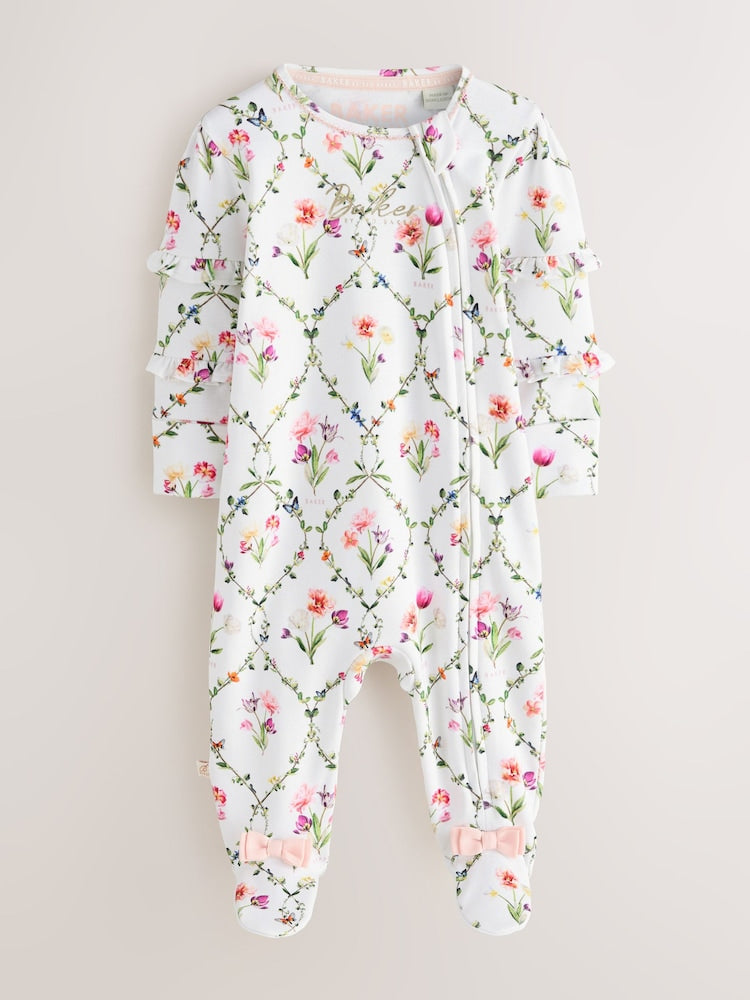 Baker by Ted Baker White/Blue Cotton Printed Sleepsuits 3 Pack