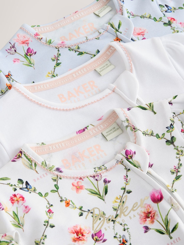 Baker by Ted Baker White/Blue Cotton Printed Sleepsuits 3 Pack