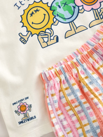 Ecru White Smiley World Short Sleeve Top and Barrel Trousers Set (3mths-7yrs)