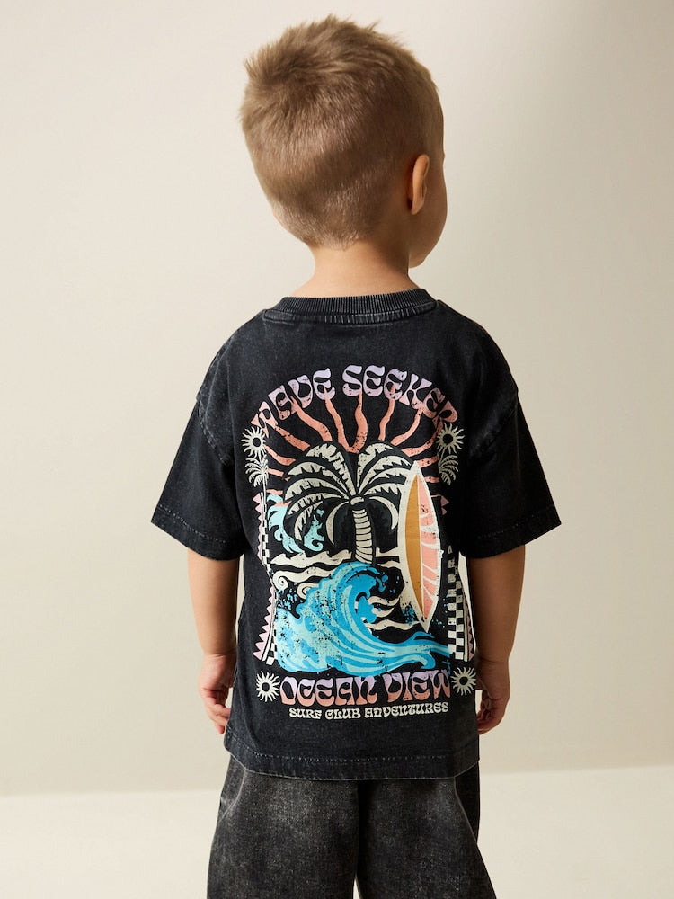 Black Acid Wash Surf Club Oversized Short Sleeve Back Print T-Shirt (3mths-7yrs) - Black Acid Wash Surf Club Oversized / 12-18 Months (80-86cm)