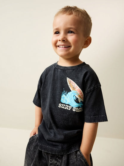 Black Acid Wash Surf Club Oversized Short Sleeve Back Print T-Shirt (3mths-7yrs) - Size 3-6 Months (62-68cm)