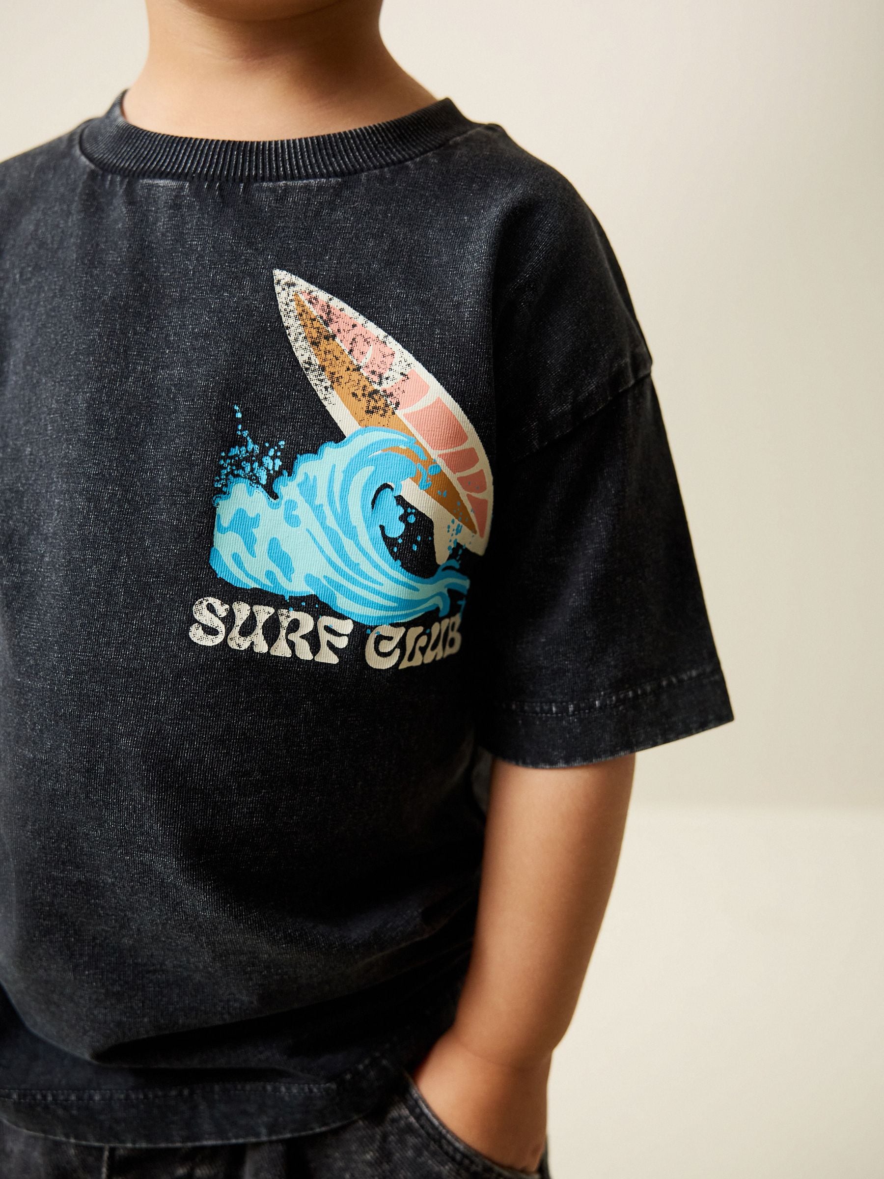 Black Acid Wash Surf Club Oversized Short Sleeve Back Print T-Shirt (3mths-7yrs) - Size 3-6 Months (62-68cm)