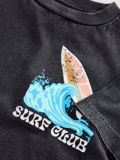 Black Acid Wash Surf Club Oversized Short Sleeve Back Print T-Shirt (3mths-7yrs) - Size 3-6 Months (62-68cm)