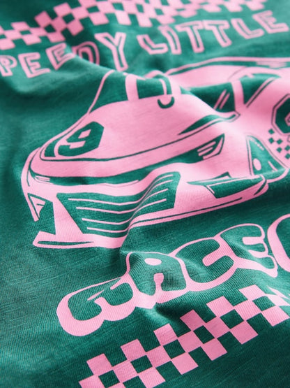 Green/Pink Race Car Short Sleeve Back Print T-Shirt (3mths-7yrs) - Size 3-6 Months (62-68cm)