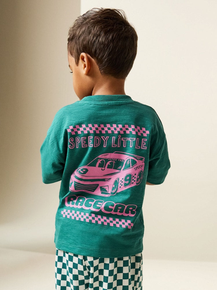 Green/Pink Race Car Short Sleeve Back Print T-Shirt (3mths-7yrs) - Green/Pink Race Car / 12-18 Months (80-86cm)