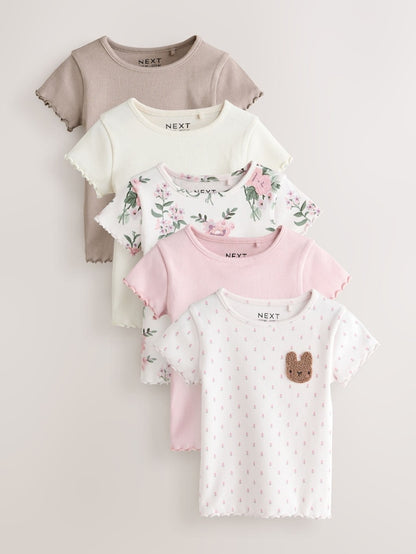 Pink Ribbed Short Sleeve Tops 5 Pack (3mths-7yrs) - Size 3-6 Months (62-68cm)