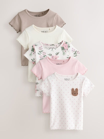 Pink Ribbed Short Sleeve Tops 5 Pack (3mths-7yrs) - Size 3-6 Months (62-68cm)