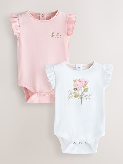 Baker by Ted Baker 2 Pack White/Pink Frill Bodysuits
