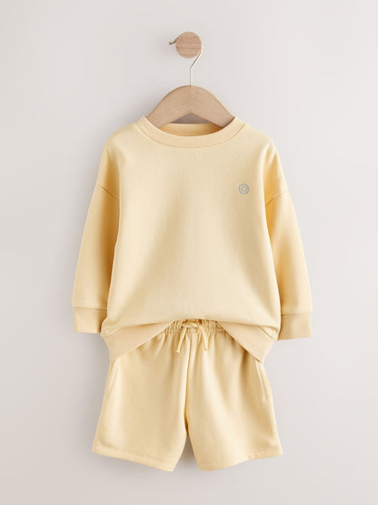 Light Yellow Single Plain Crew Neck Sweatshirt and Shorts Set (3mths-7yrs)