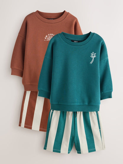 Rust Brown and Teal Crew Neck Sweatshirt and Shorts 2 Pack Set (3mths-7yrs)