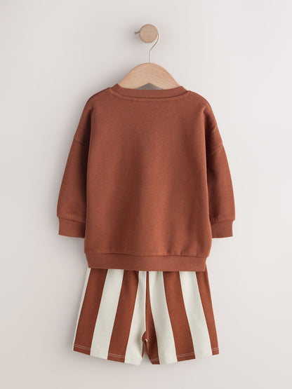 Rust Brown and Teal Crew Neck Sweatshirt and Shorts 2 Pack Set (3mths-7yrs)