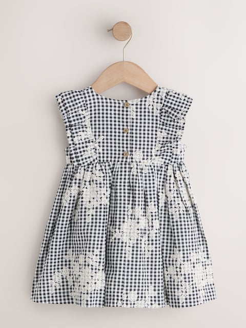 Black/White Gingham Embroidered Frill Sleeve Dress (3mths-8yrs)